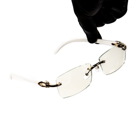 White Wood Grain Clear Lens Mens Gold Frame Rectangular Luxury Square Glasses - Picture 1 of 7
